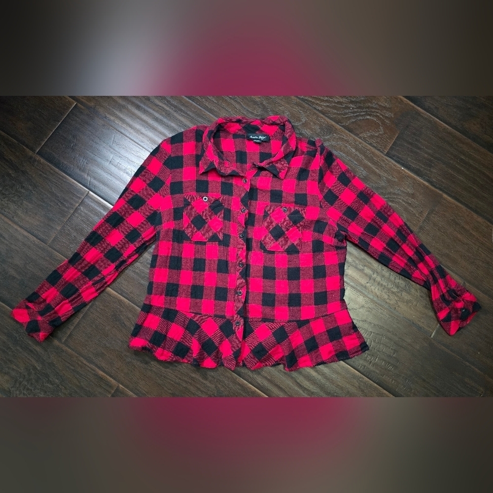 Charlie Paige Red Flannel Womens Long Sleeve Button Up Top Large